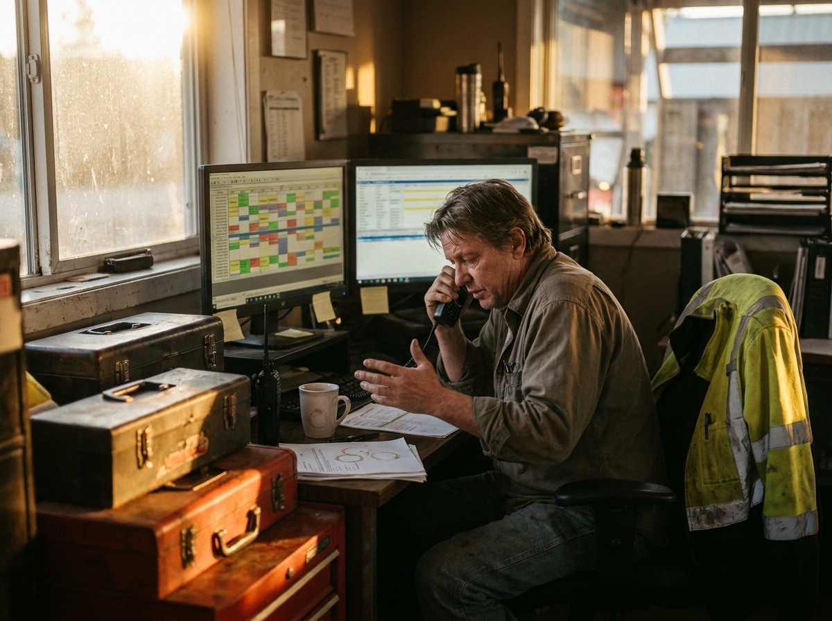Dispatch desk with scuffed toolboxes, route paperwork, and late-afternoon light