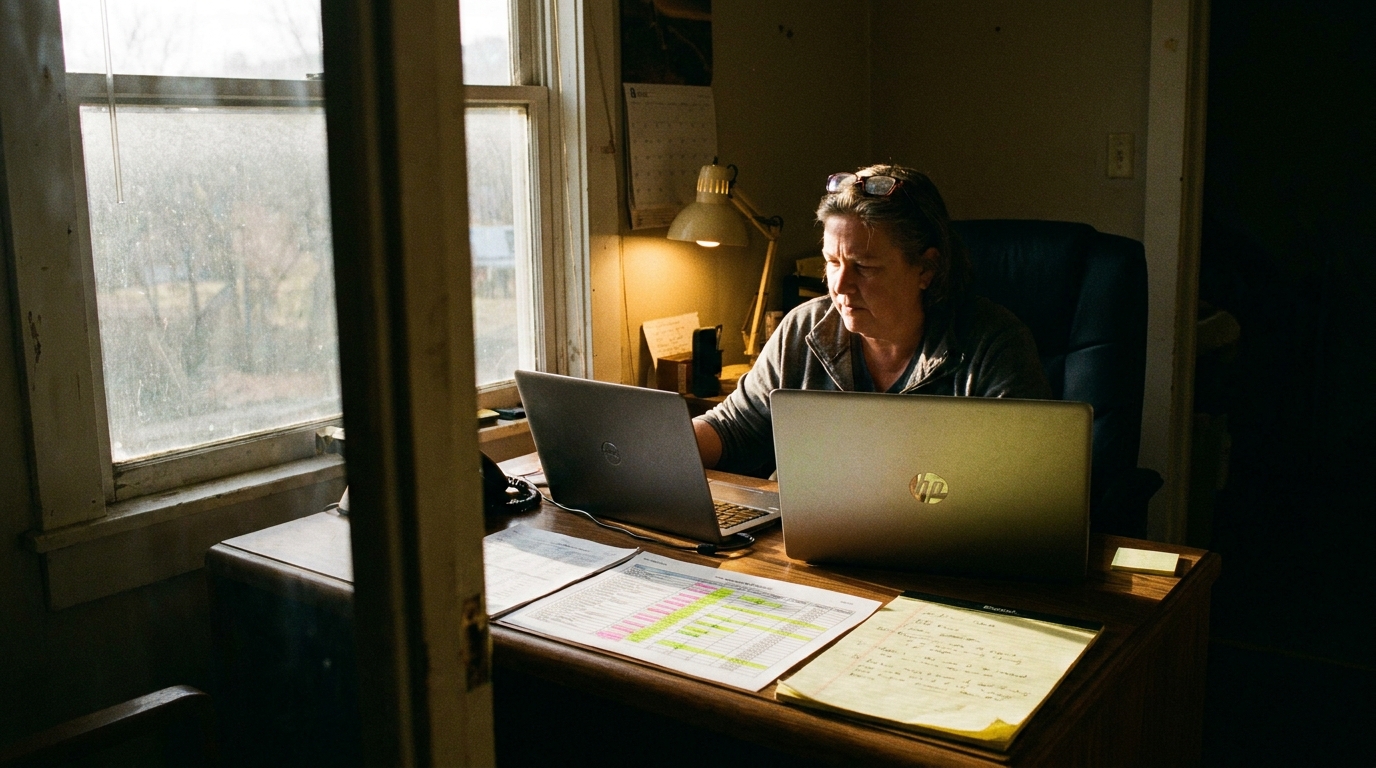 Operations manager comparing two laptops side by side with a highlighted spreadsheet and handwritten notes between them