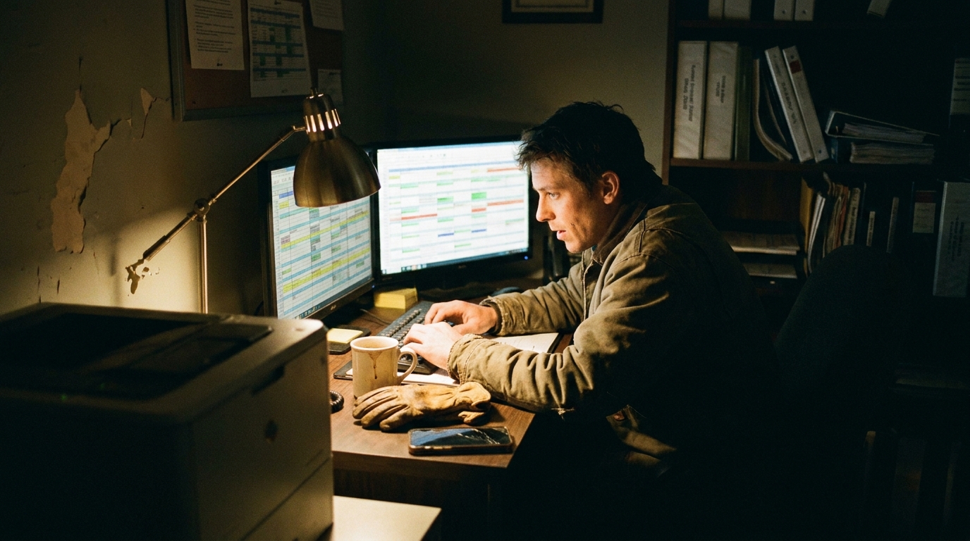 a dispatcher's dual-monitor workstation with a live schedule grid, coffee cup, morning light, a genuinely lived-in workspace with tangible textures — weathered work gloves, chipped paint, a cracked phone screen, grease-darkened fingerprints.