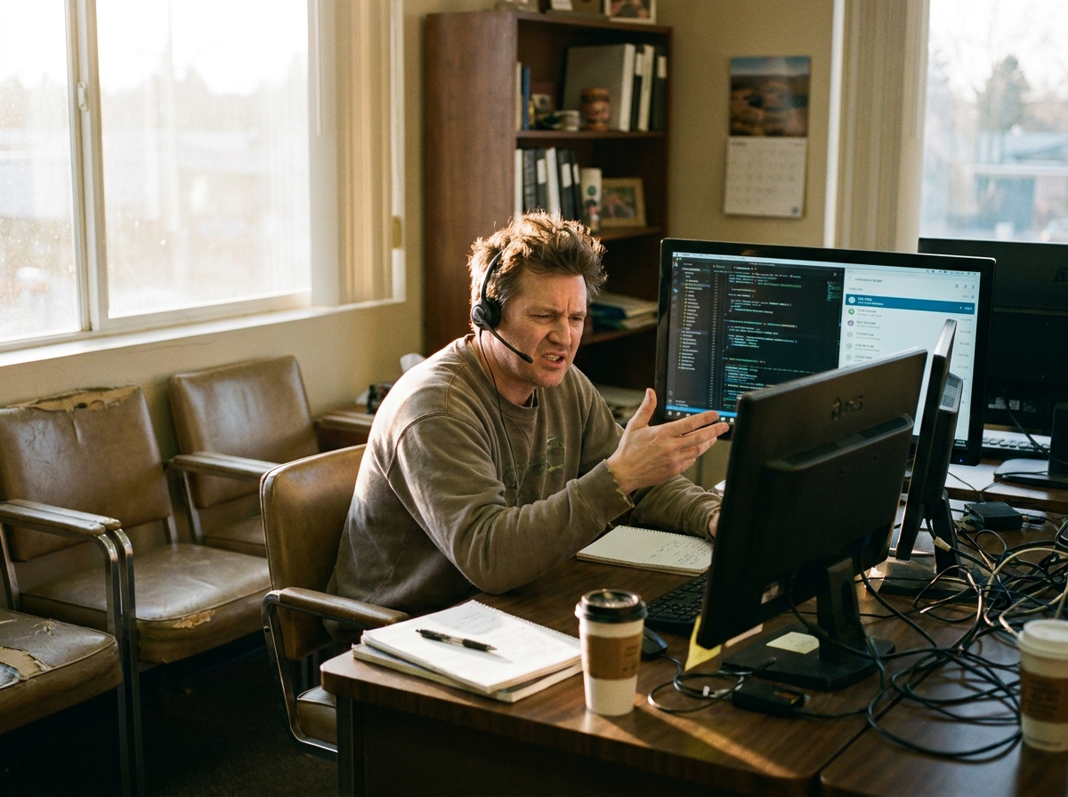 Developer reviewing call logs and transcripts in a cluttered after-hours workspace