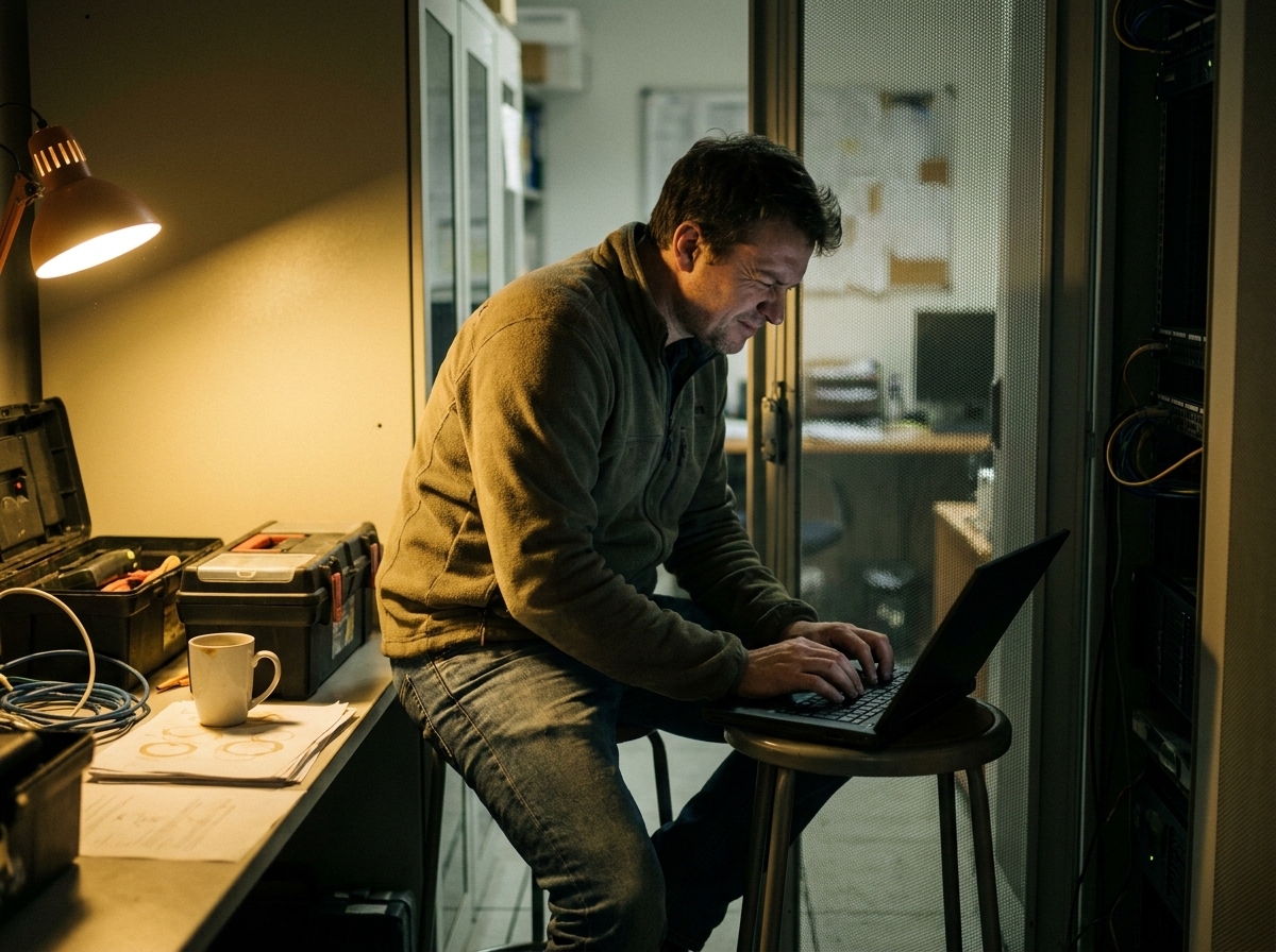 a field engineer servicing a server rack with a laptop, a genuinely lived-in workspace with tangible textures — scuffed toolboxes, faded hi-vis fabric, coffee rings on paperwork, dust motes drifting in the light.