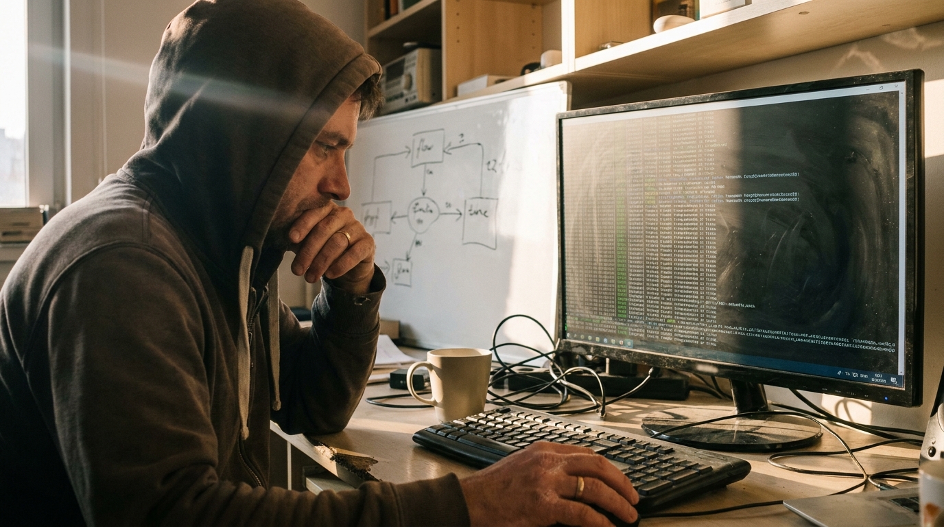 Developer reviewing an agent trace beside a whiteboard, with worn vinyl seats and laminated route sheets in the workspace.