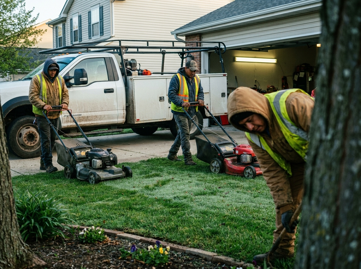 a landscaping crew mowing and edging a suburban lawn in morning light, a genuinely lived-in workspace with tangible textures — frayed cable ties, oxidized fittings, sawdust in the seams of a workbench, breath visible in cold air.
