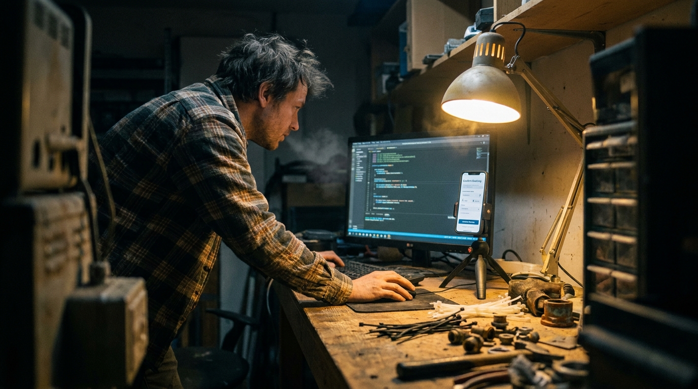 Developer desk with a booking-flow phone, frayed cable ties and a textured workbench under a warm desk lamp