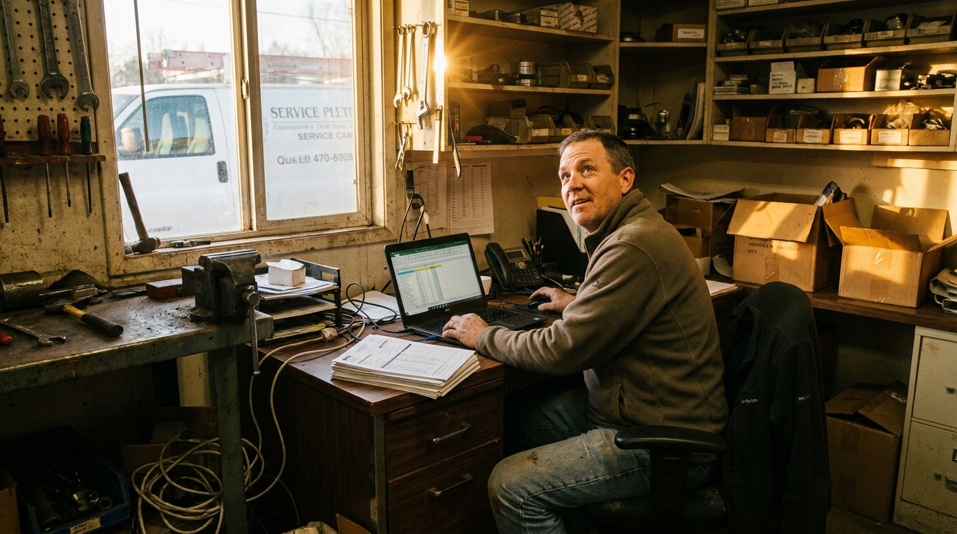 Office manager working beside scheduling and financial paperwork in a lived-in field service workspace