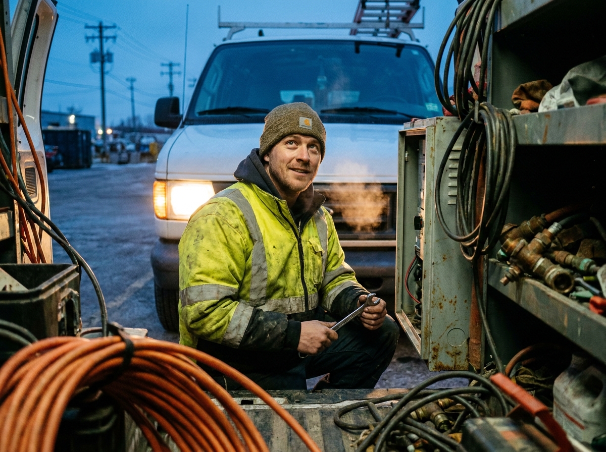 a working field technician mid-task with a service vehicle nearby, frayed cable ties, oxidized fittings, sawdust in the seams of a workbench, breath visible in cold air.