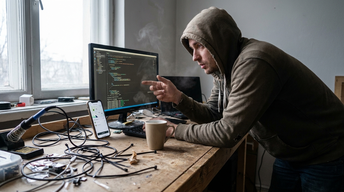 a developer's desk with code on screen and a phone running a booking flow, a genuinely lived-in workspace with tangible textures — frayed cable ties, oxidized fittings, sawdust in the seams of a workbench, breath visible in cold air.