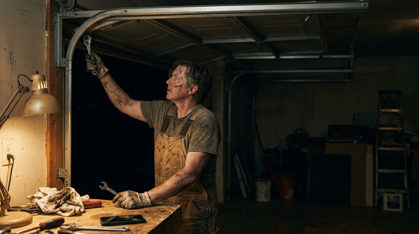 Technician adjusting a residential garage door torsion spring in a worn, warmly lit workspace