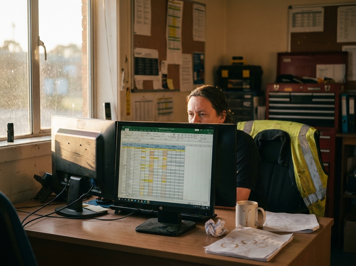 A dispatcher workstation with a live schedule grid, scuffed toolboxes, faded high-visibility fabric, and coffee-ringed paperwork.