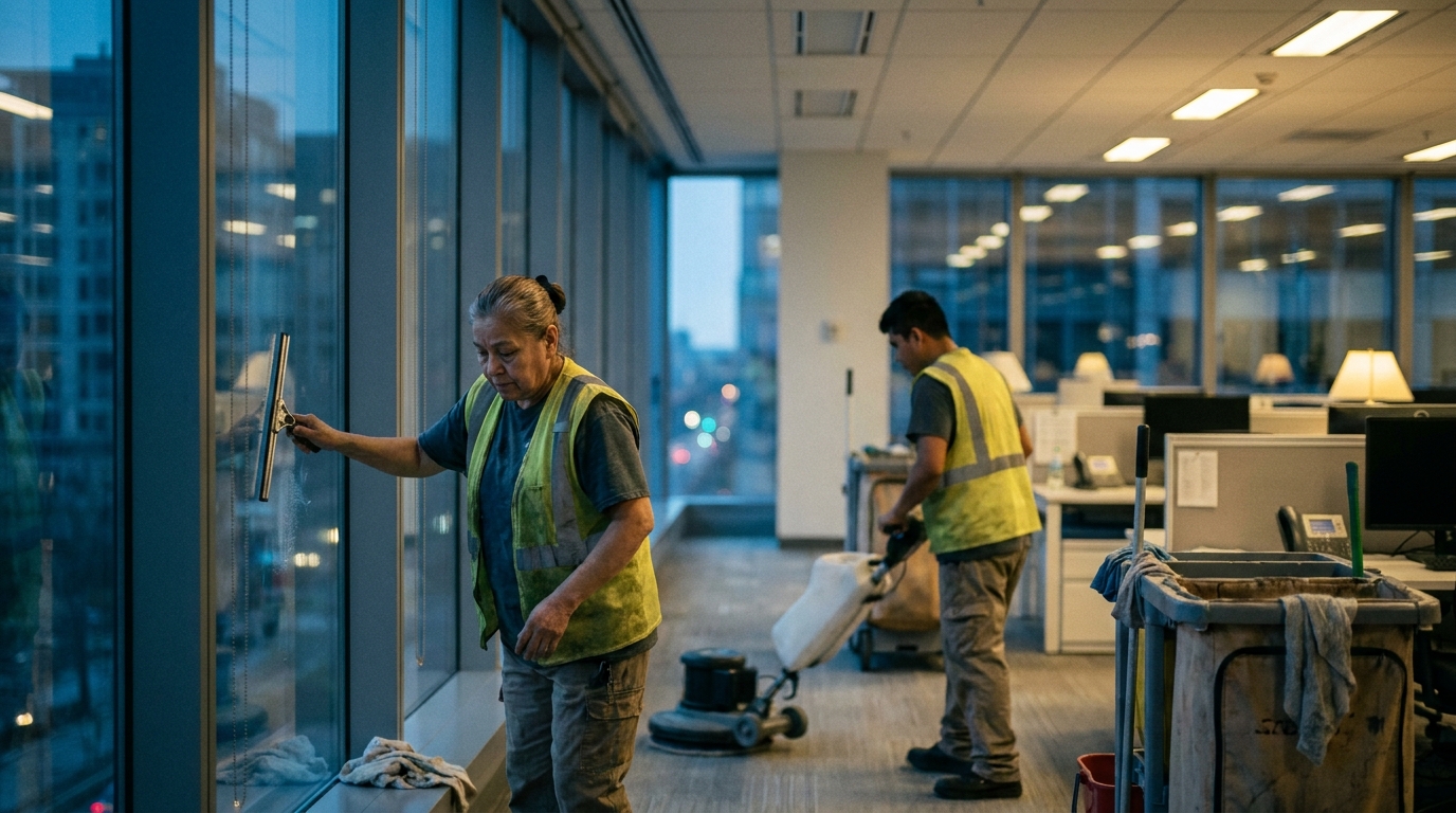 a janitorial crew cleaning a glass-walled office at night, a genuinely lived-in workspace with tangible textures — scuffed toolboxes, faded hi-vis fabric, coffee rings on paperwork, dust motes drifting in the light.