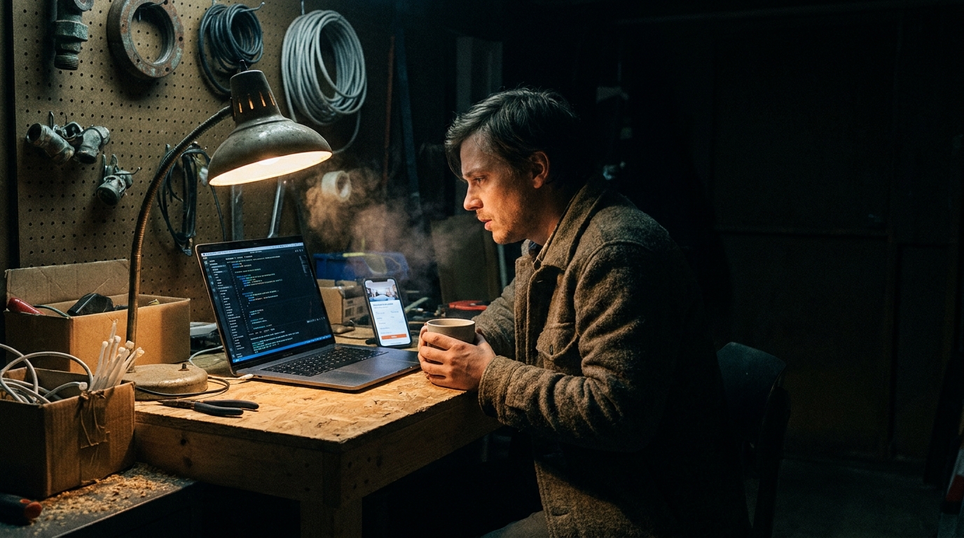 developer desk with code on screen and a phone showing a booking flow, warm after-hours workspace