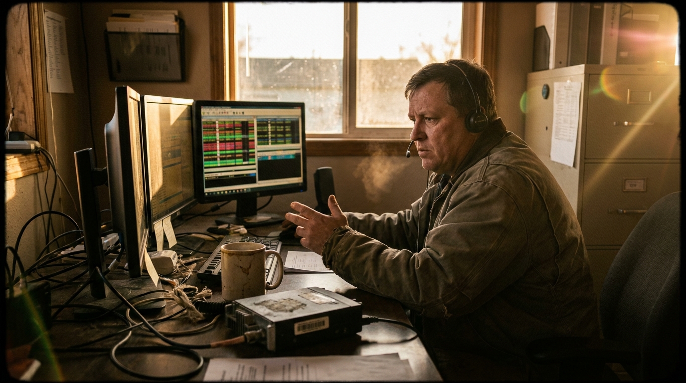 a dispatcher's dual-monitor workstation with a live schedule grid, coffee cup, morning light, frayed cable ties, oxidized fittings, sawdust in the seams of a workbench, breath visible in cold air.