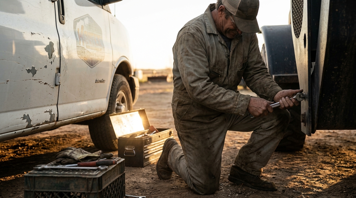 Field technician mid-task beside a service vehicle in a weathered workspace