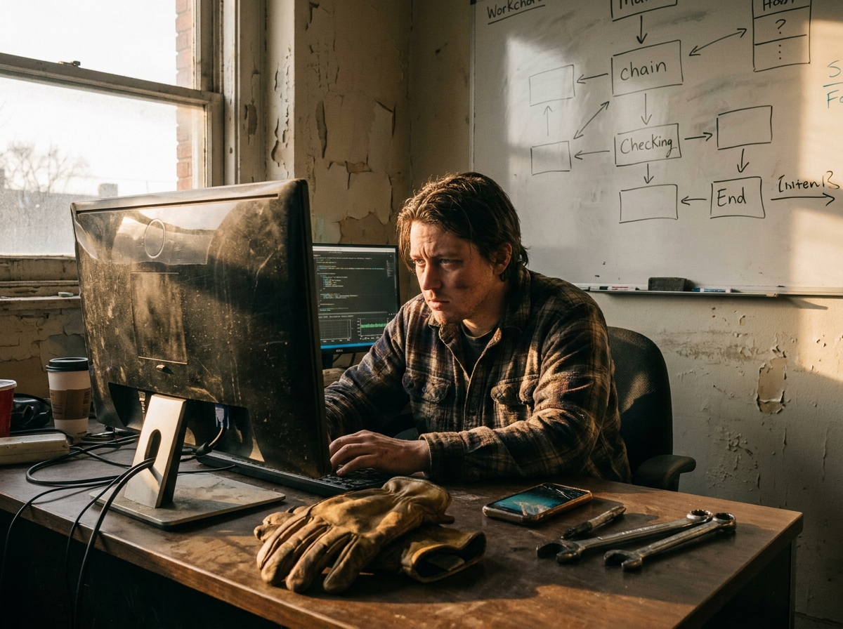 a developer reviewing an agent trace on a large monitor, whiteboard with boxes and arrows behind — caught mid-task with a spontaneous, unposed expression, a genuinely lived-in workspace with tangible textures — weathered work gloves, chipped paint, a cracked phone screen, grease-darkened fingerprint