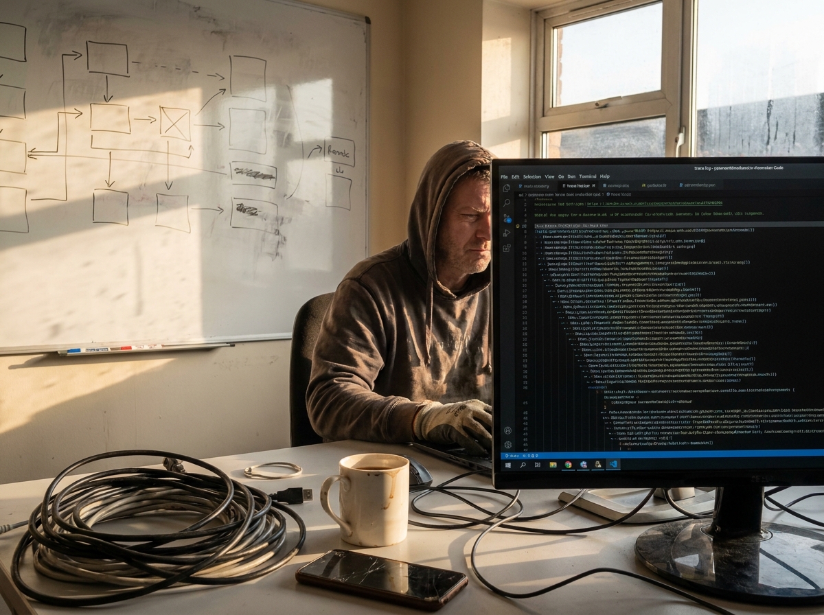 Entwickler betrachtet einen Monitor neben ausgetretenen Arbeitshandschuhen, abgeplatzter Farbe und einem gesprungenen Smartphone-Display.
