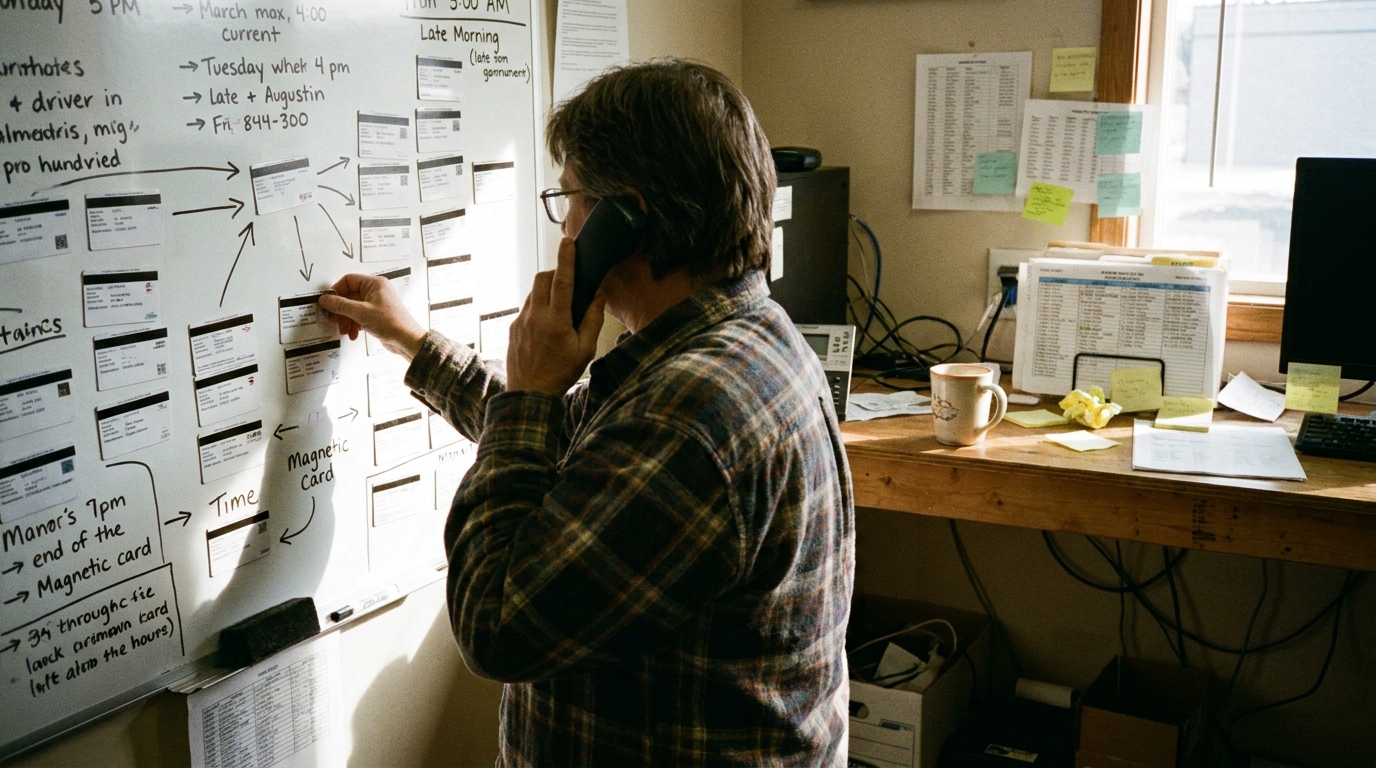 Dispatcher on the phone mid-morning, rearranging magnetic job cards on a crowded scheduling whiteboard