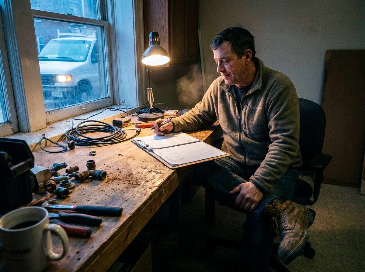 a maintenance coordinator reviewing work orders in an apartment lobby, a genuinely lived-in workspace with tangible textures , frayed cable ties, oxidized fittings, sawdust in the seams of a workbench, breath visible in cold air.