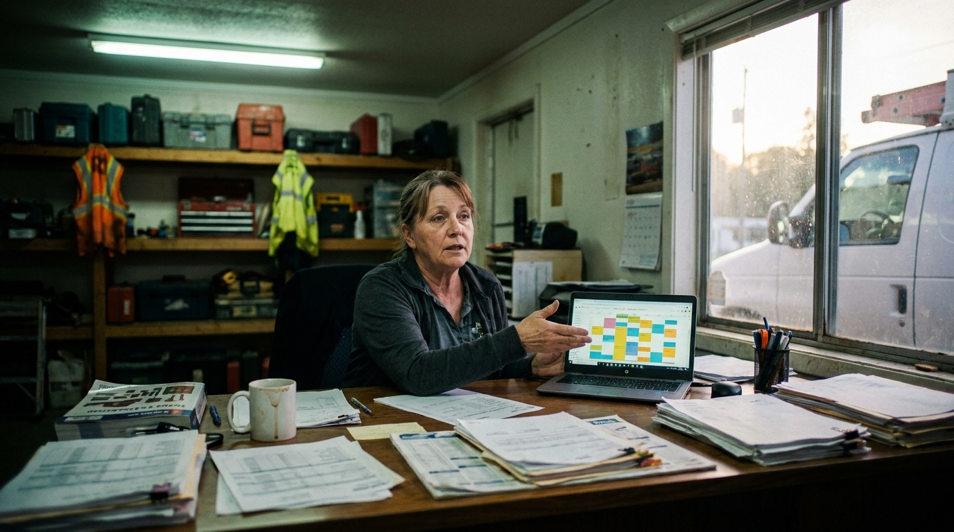 an office manager at a desk with a laptop showing a schedule beside financial paperwork, a service van visible through the window, scuffed toolboxes, faded hi-vis fabric, coffee rings on paperwork, dust motes drifting in the light