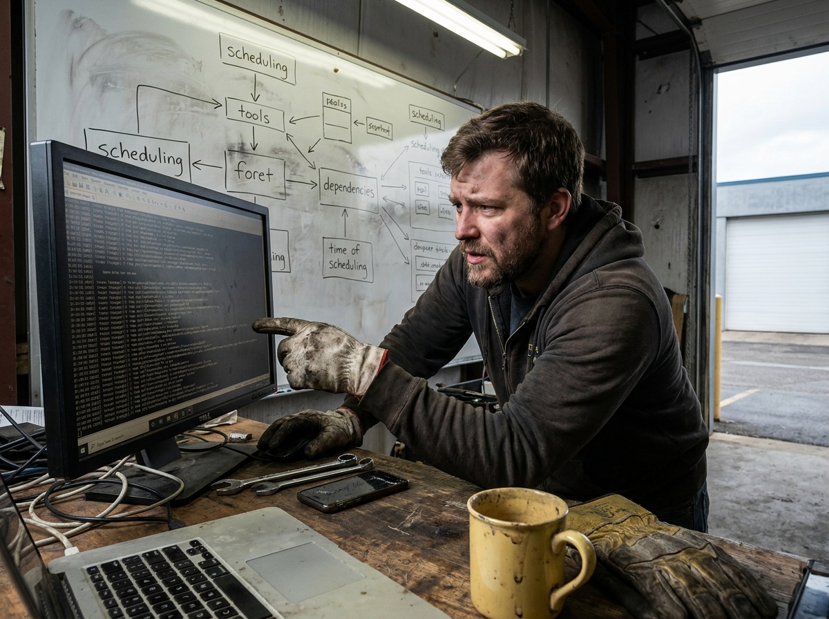un développeur examinant une trace d'agent sur un grand écran, tableau blanc avec des boîtes et des flèches en arrière-plan, un espace de travail vivant aux textures palpables — gants de travail usés, peinture écaillée, écran de téléphone fissuré, empreintes assombries par la graisse.