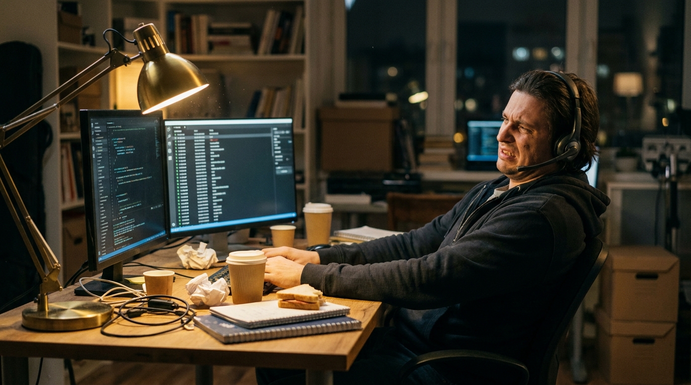 Developer testing a phone call flow in a lived-in after-hours workspace