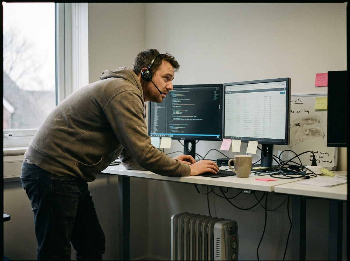 a developer testing a phone call flow at a desk, headset on, code editor and call logs on dual monitors, a genuinely lived-in workspace with tangible textures — smudged whiteboard ghosting under fresh marker, sticky notes losing their grip, a humming radiator.