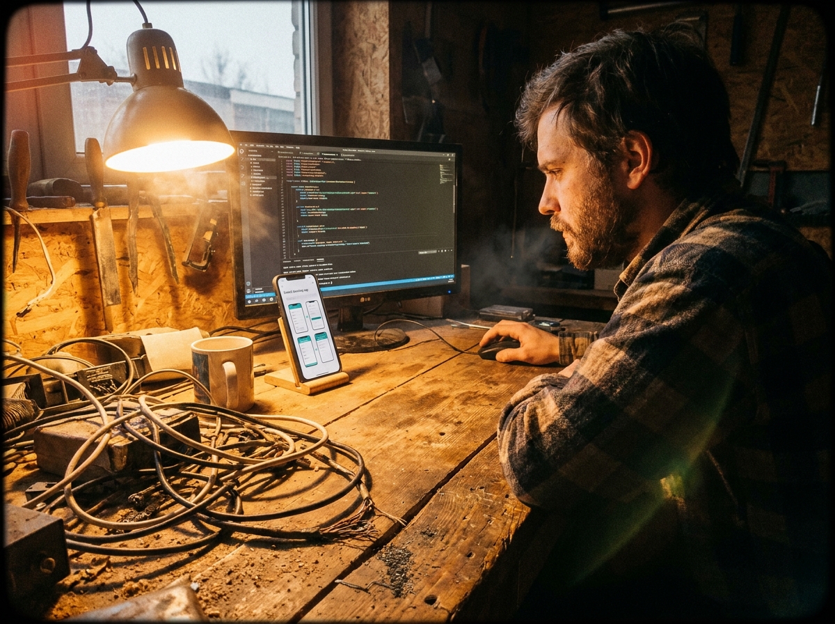 Der Schreibtisch eines Entwicklers mit Code auf dem Bildschirm und einem Smartphone mit Buchungsablauf – ein echter Arbeitsplatz mit greifbaren Details: ausgefranste Kabelbinder, oxidierte Armaturen, Sägemehl in den Ritzen einer Werkbank und sichtbarer Atem in kalter Luft.