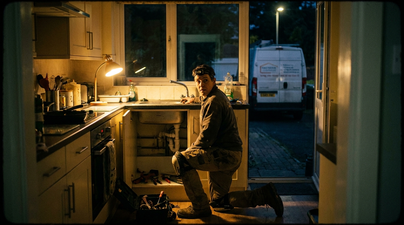 a plumber working under a kitchen sink with a branded van in the driveway, a genuinely lived-in workspace with tangible textures — worn vinyl seats, sun-bleached dashboard, laminated route sheets curling at the corners.