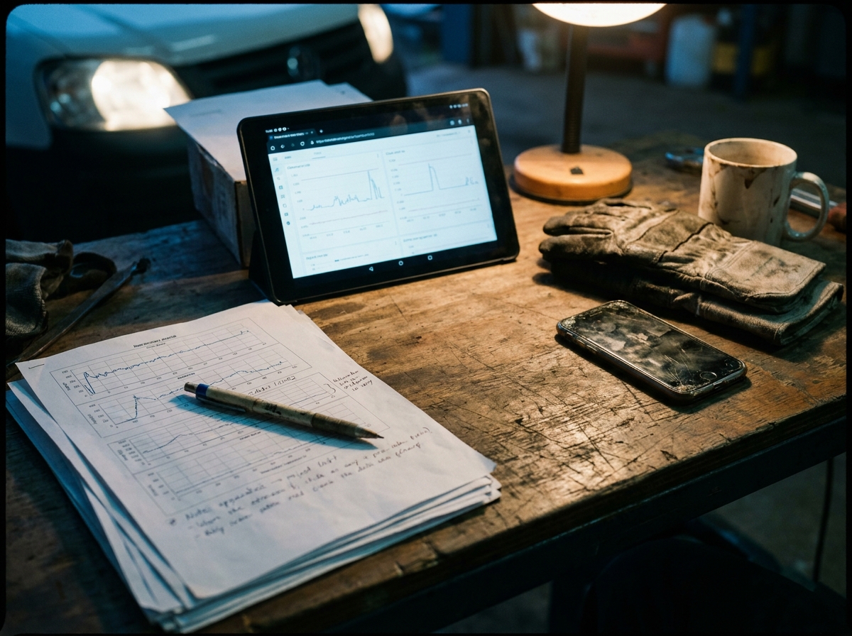Printed charts and a tablet dashboard in a worn workspace with notes and field-service planning materials
