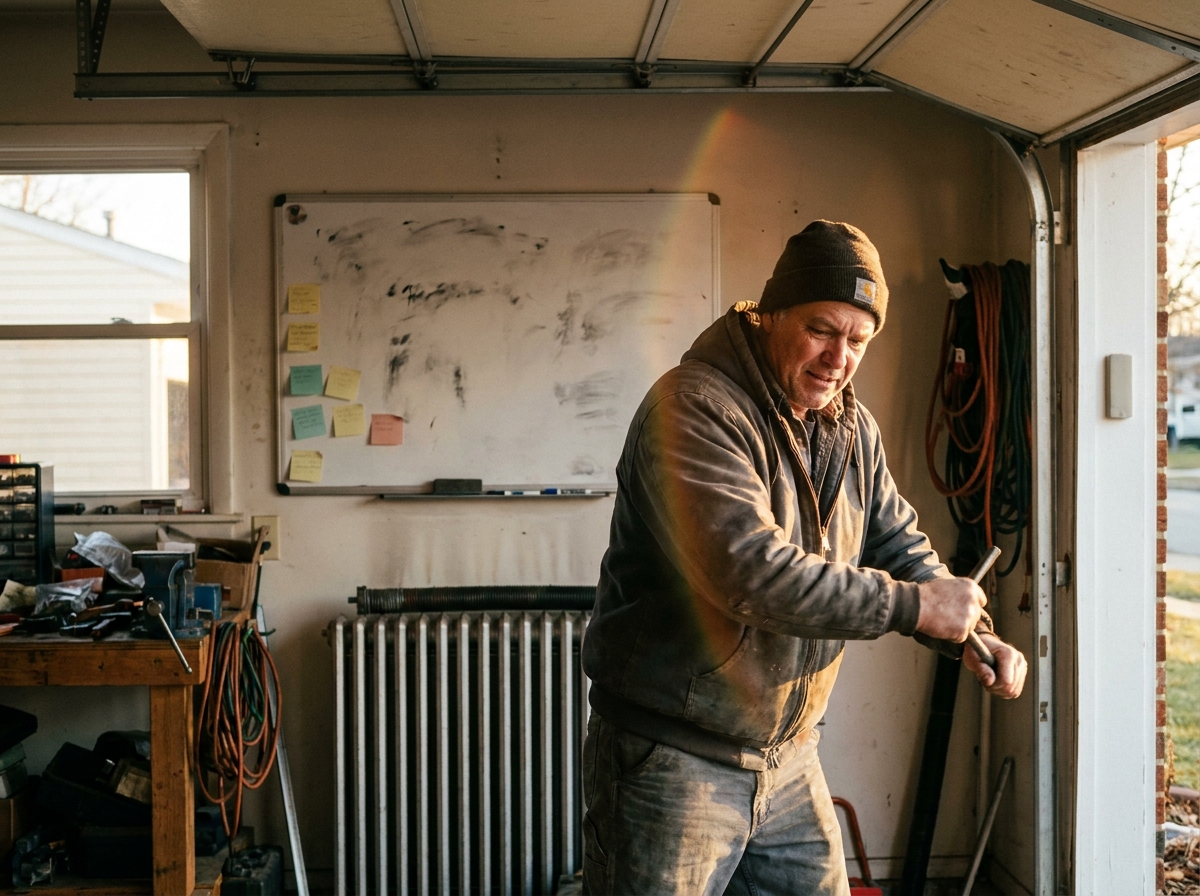 Technician adjusting a residential garage door torsion spring near a smudged whiteboard and loose sticky notes in golden-hour light