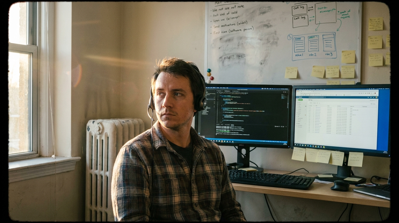 a developer testing a phone call flow at a desk, headset on, code editor and call logs on dual monitors, a genuinely lived-in workspace with tangible textures — smudged whiteboard ghosting under fresh marker, sticky notes losing their grip, a humming radiator.