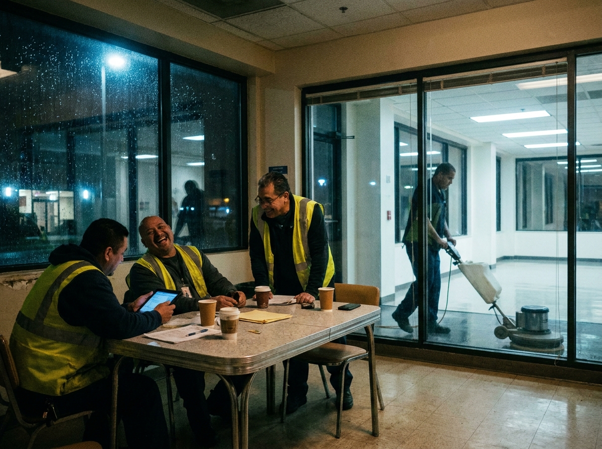 a janitorial crew cleaning a glass-walled office at night, a genuinely lived-in workspace with tangible textures — worn vinyl seats, sun-bleached dashboard, laminated route sheets curling at the corners.