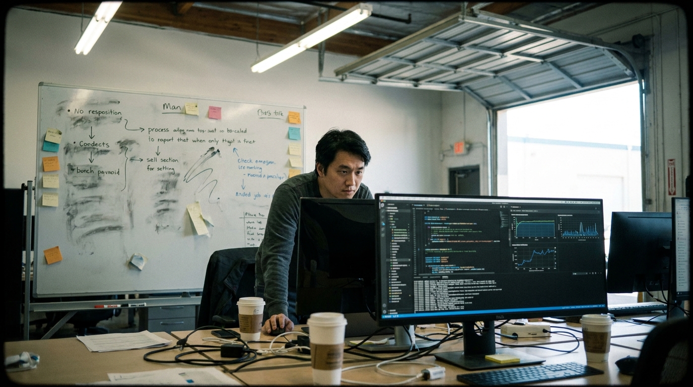 Developer reviewing an agent trace on a large monitor in a lived-in workspace with whiteboard notes and mixed shop light.