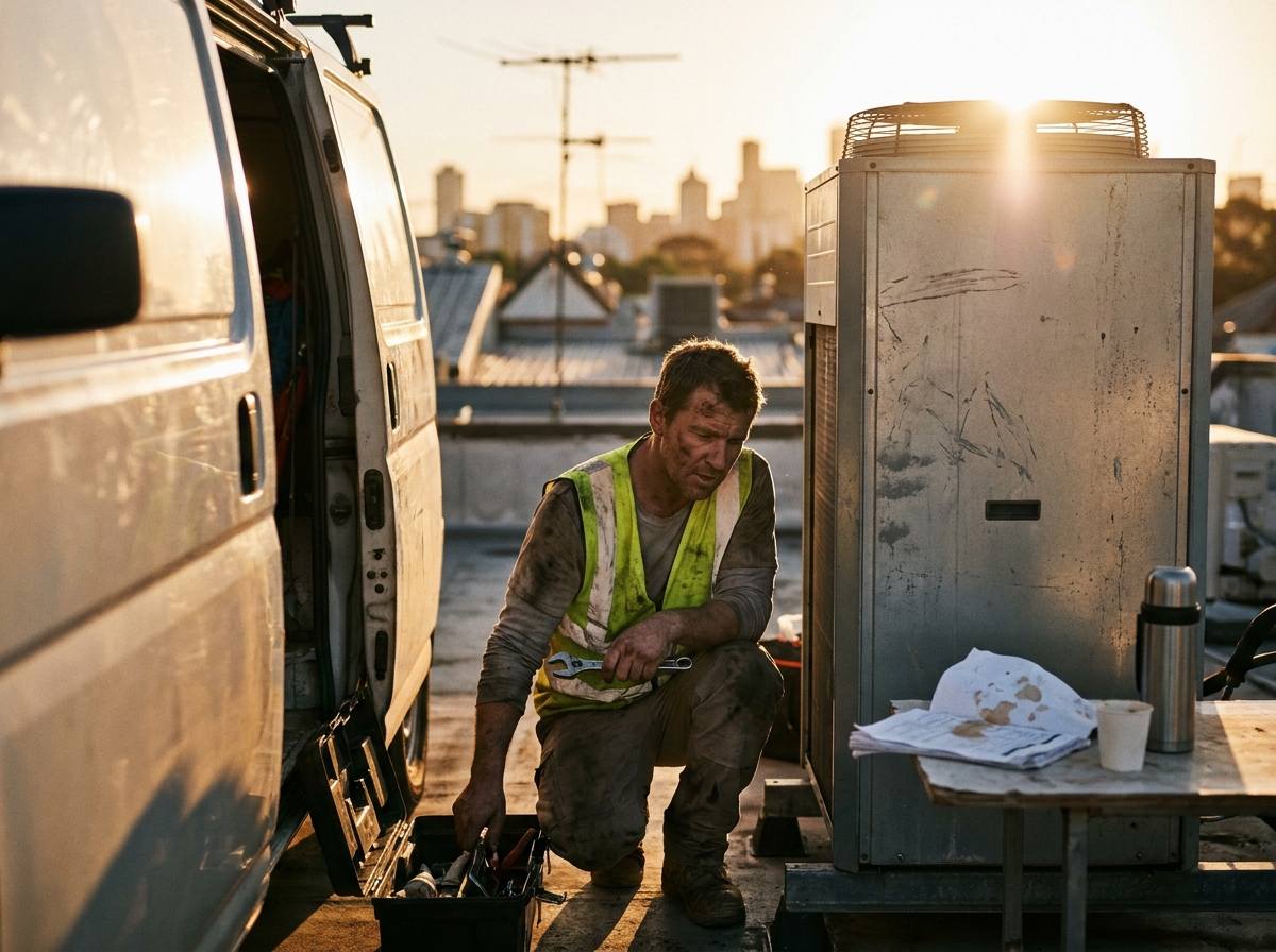 late-afternoon HVAC service route scene with scuffed toolboxes, faded hi-vis fabric, paperwork, and dust in warm light