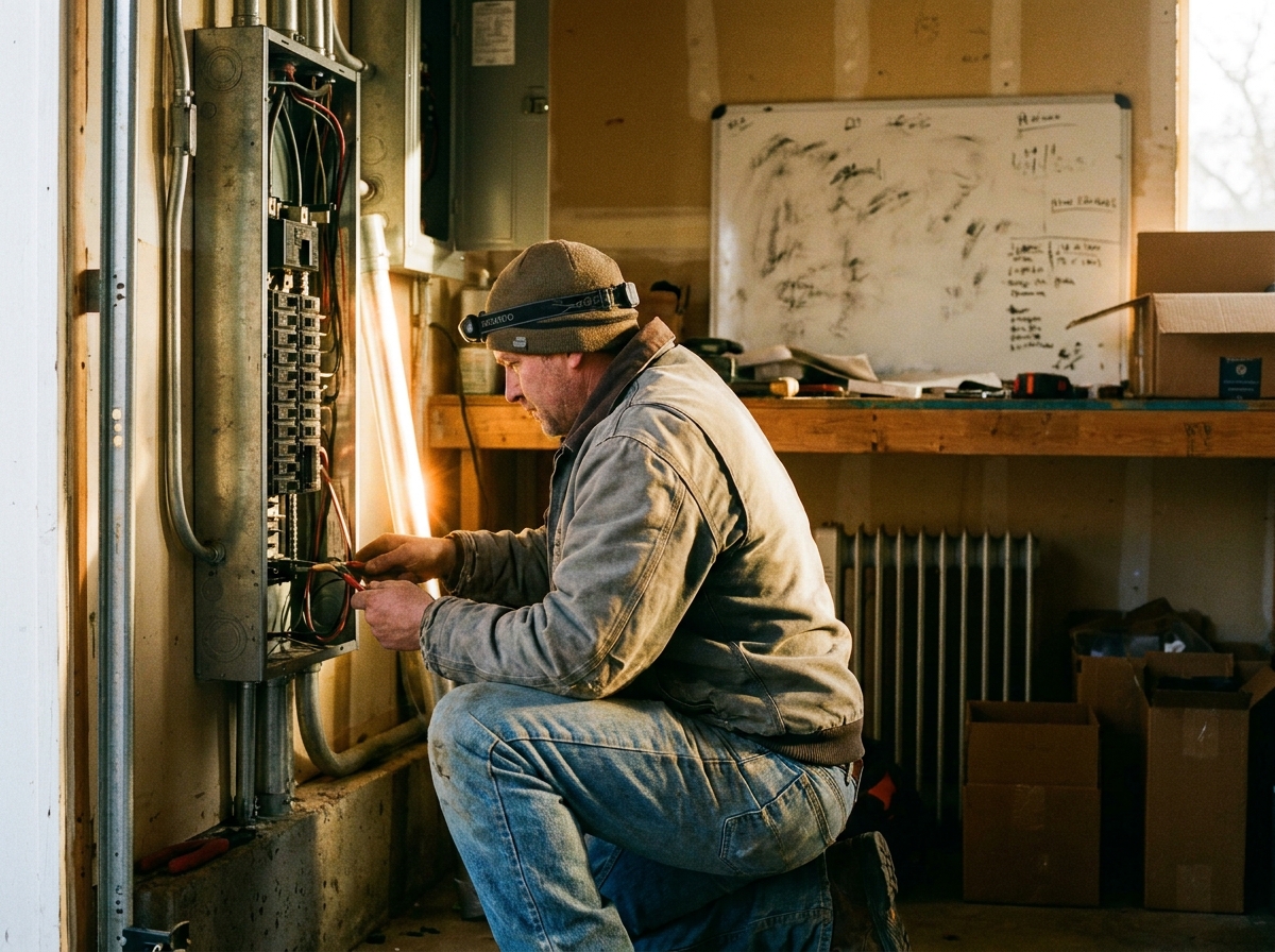 an electrician wiring a breaker panel in a residential garage, a genuinely lived-in workspace with tangible textures — smudged whiteboard ghosting under fresh marker, sticky notes losing their grip, a humming radiator.