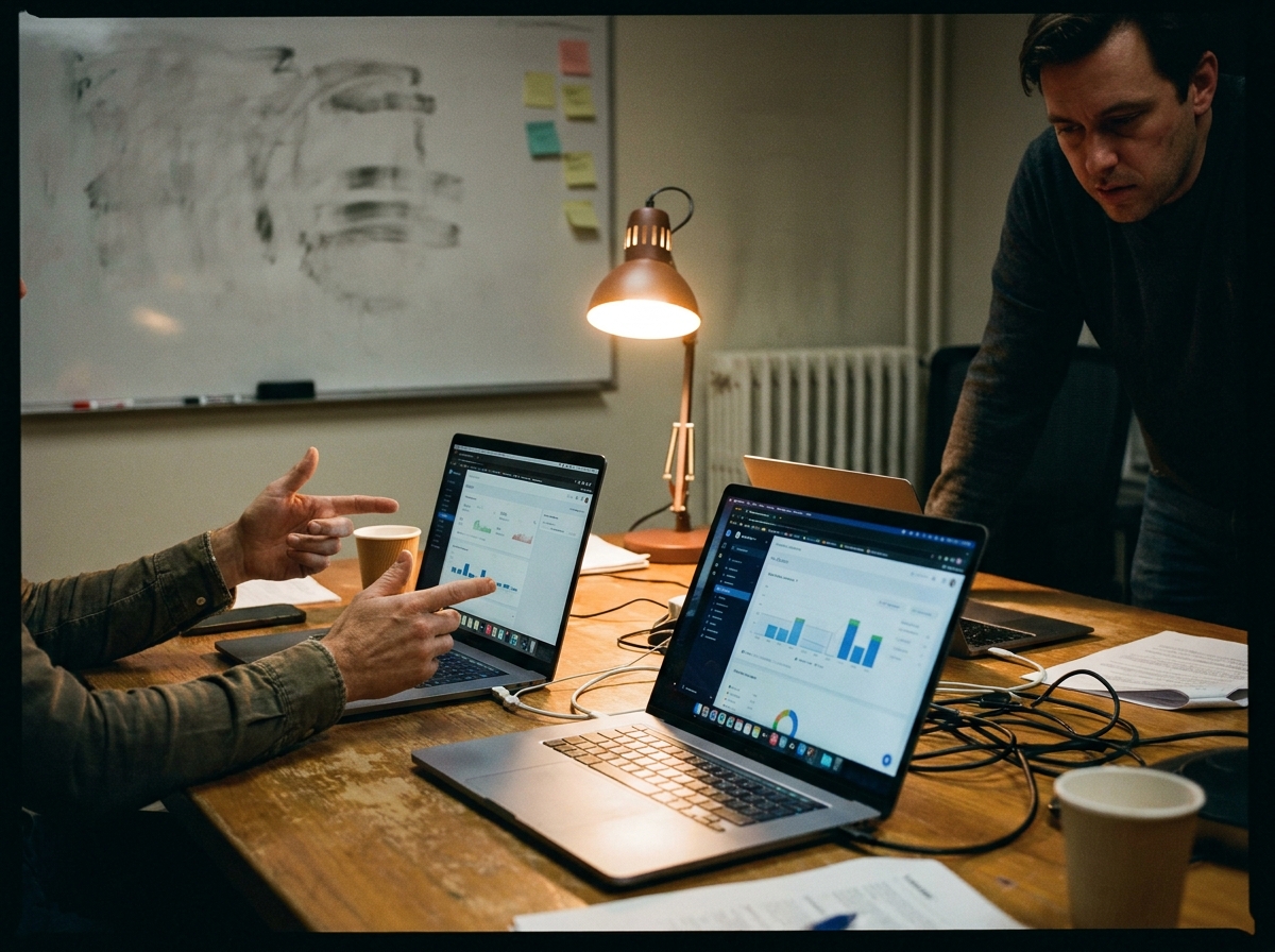 two laptops on an after-hours office table near a smudged whiteboard and fading sticky notes
