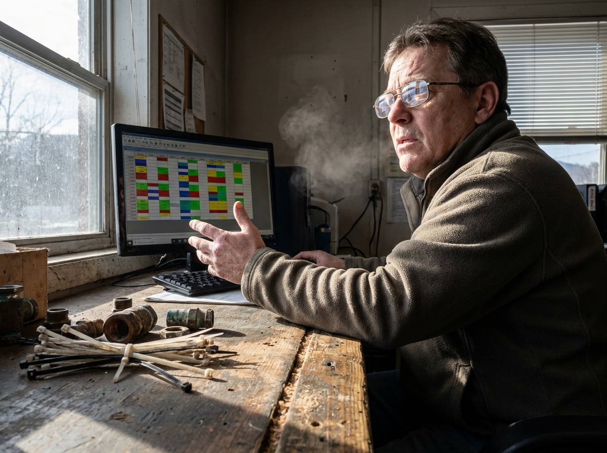 Dispatcher schedule grid reflected in glasses beside worn route sheets and a sun-bleached dashboard