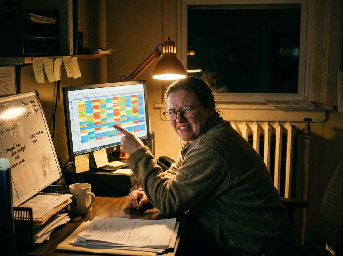 a dispatcher's monitor showing a color-blocked schedule grid, reflections on glasses, a genuinely lived-in workspace with tangible textures — smudged whiteboard ghosting under fresh marker, sticky notes losing their grip, a humming radiator.