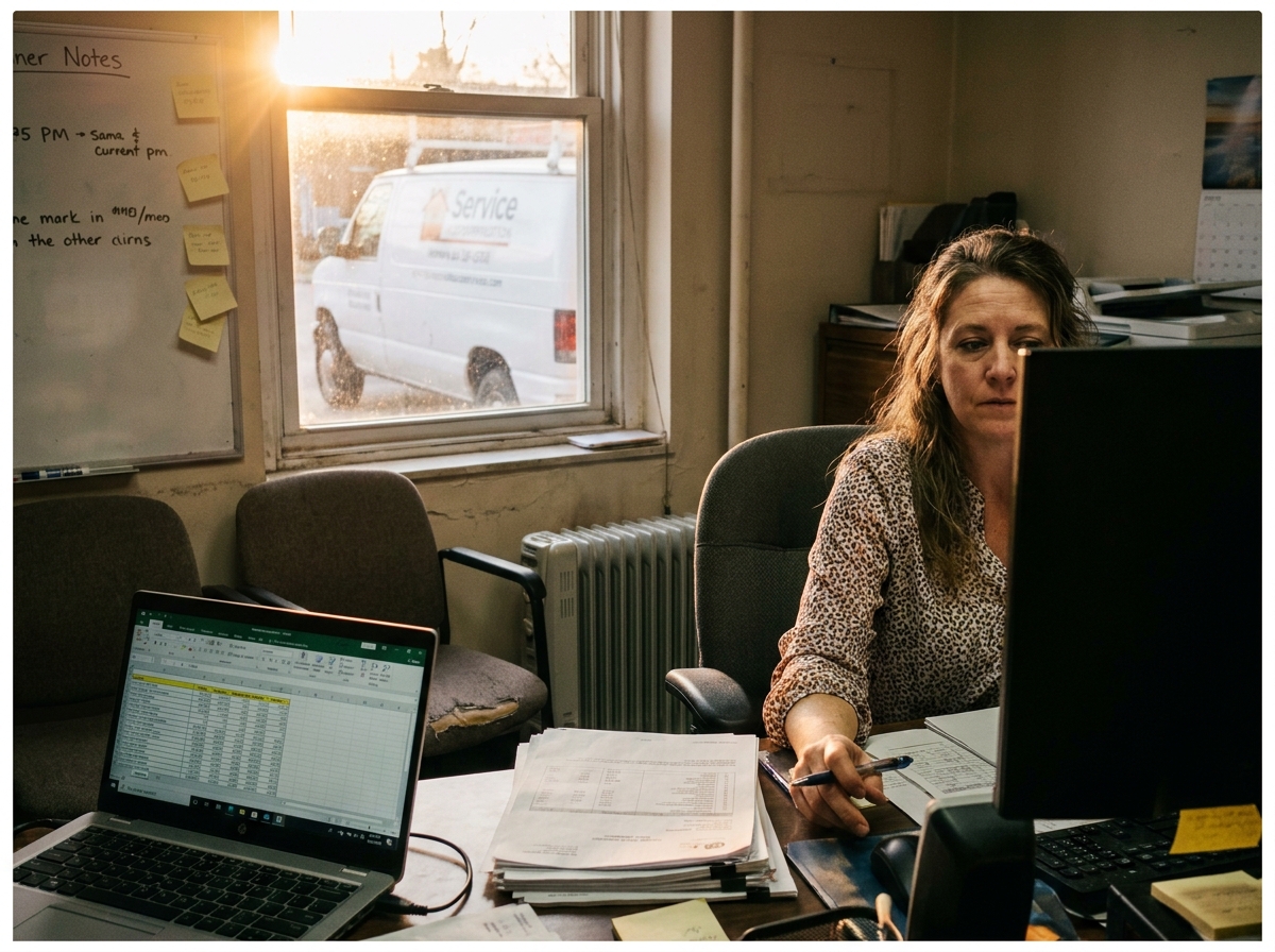 Office manager at a lived-in desk with schedule notes and financial paperwork under late-afternoon light