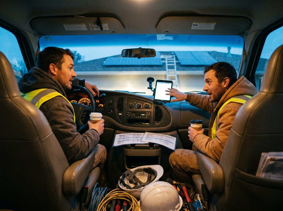 installers mounting photovoltaic panels on a residential rooftop, worn vehicle interior with laminated route sheets before dawn