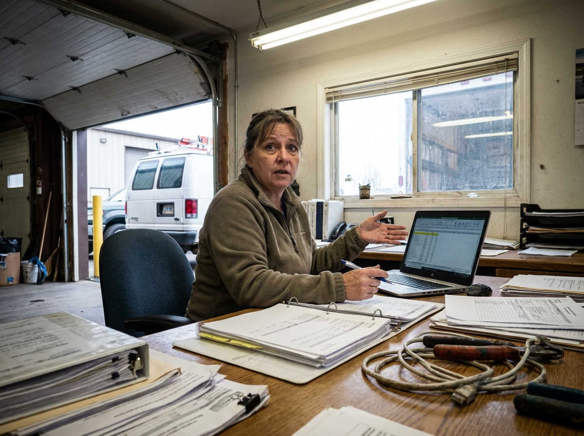 Office manager reviewing service records and accounting paperwork in a textured workshop office