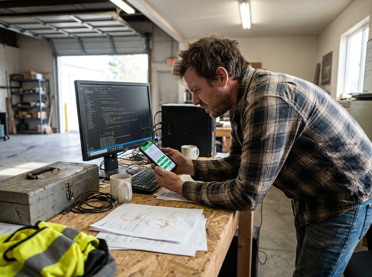 Der Schreibtisch eines Entwicklers mit Code auf dem Bildschirm und einem Smartphone mit Buchungsablauf – ein echter Arbeitsplatz mit greifbaren Details: zerkratzte Werkzeugkisten, verblasster Warnschutzstoff, Kaffeeränder auf Unterlagen und Staubkörner im Licht.