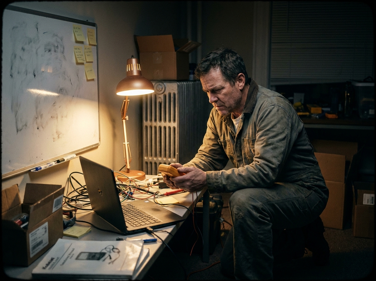a working field technician near a cluttered dispatch whiteboard, sticky notes, radiator, and after-hours tungsten desk light.