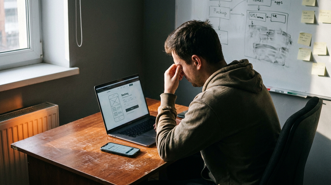 a developer's laptop showing a booking interface mockup beside a phone running the same flow, smudged whiteboard ghosting under fresh marker, sticky notes losing their grip, a humming radiator