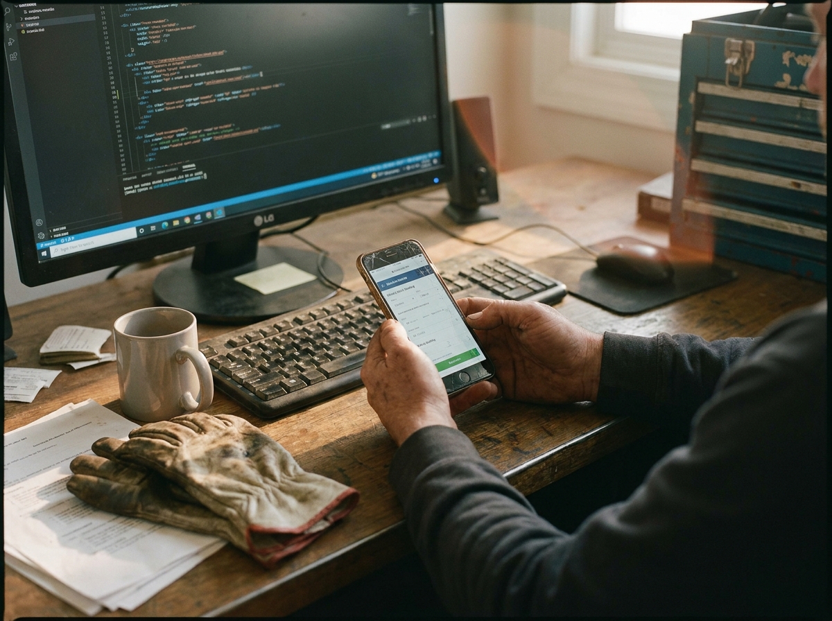 developer desk with code on screen and a phone booking flow, weathered gloves and grease-marked production notes