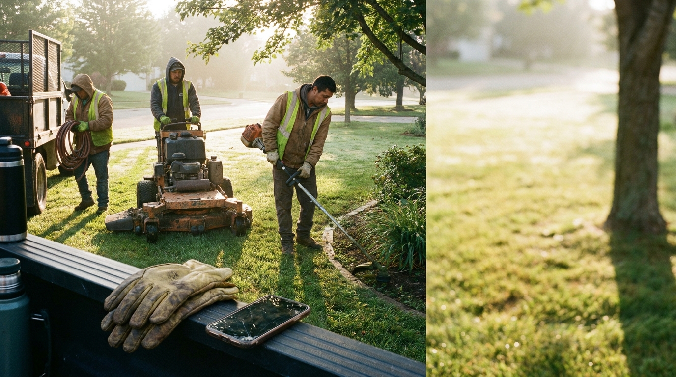 a landscaping crew mowing and edging a suburban lawn in morning light, a genuinely lived-in workspace with tangible textures — weathered work gloves, chipped paint, a cracked phone screen, grease-darkened fingerprints.