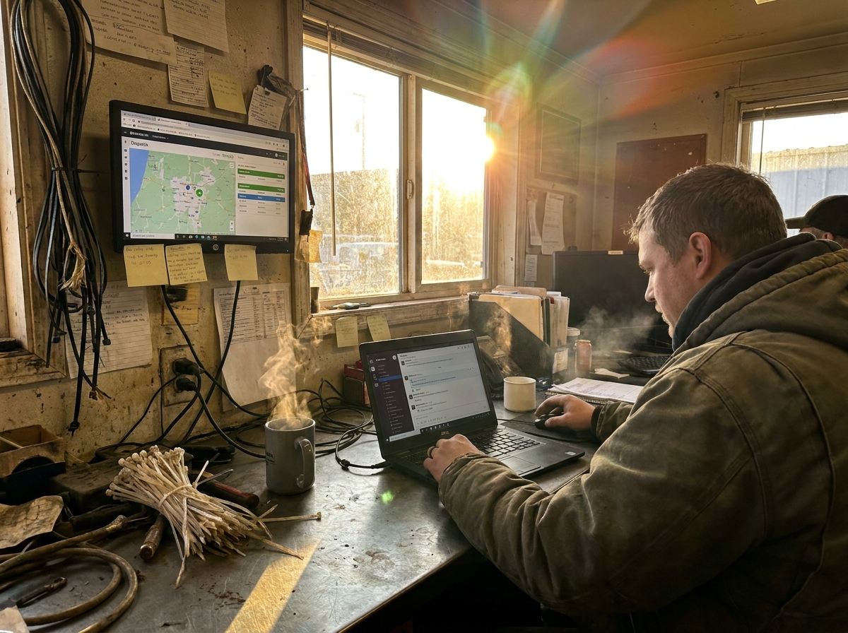 laptop chat interface beside a dispatch display, a genuinely lived-in workspace with tangible textures — frayed cable ties, oxidized fittings, sawdust in the seams of a workbench, breath visible in cold air.