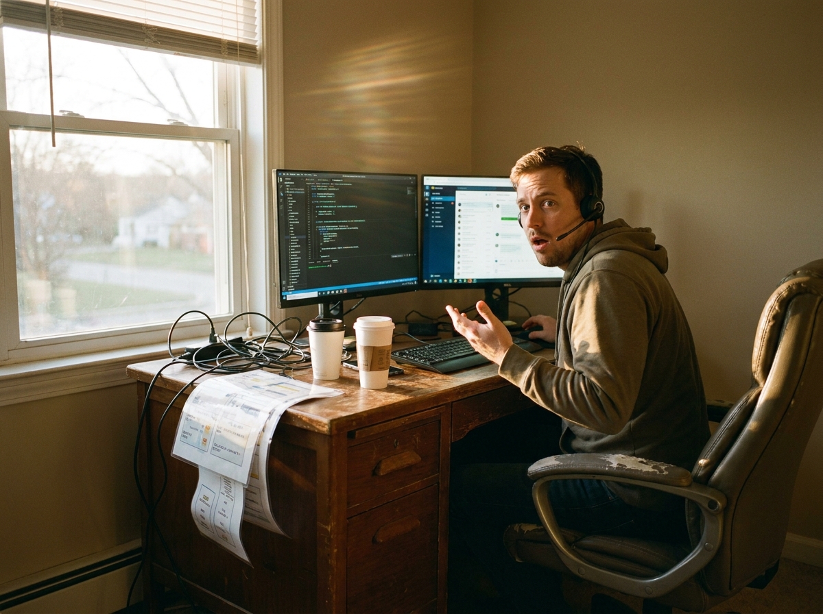 a developer testing a phone call flow at a desk, headset on, code editor and call logs on dual monitors, a genuinely lived-in workspace with tangible textures — worn vinyl seats, sun-bleached dashboard, laminated route sheets curling at the corners.