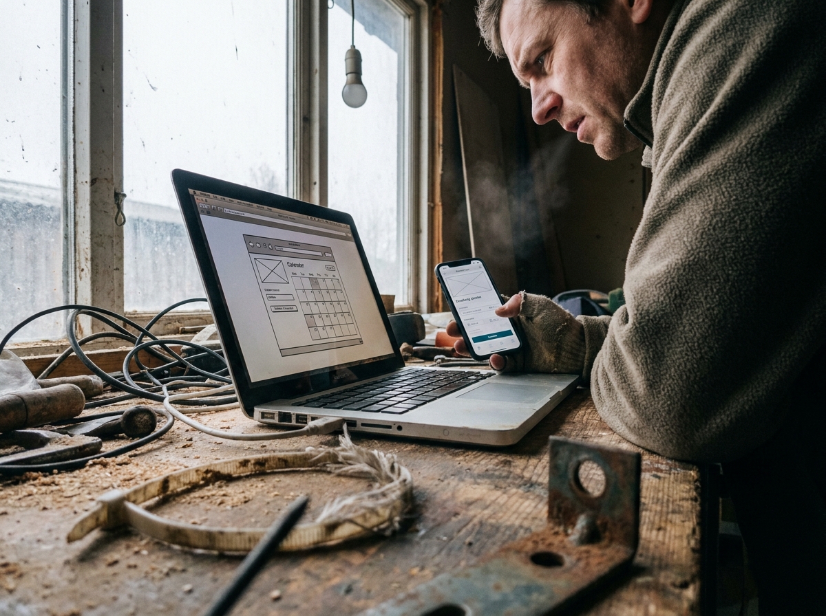 a developer's laptop showing a booking interface mockup beside a phone running the same flow, frayed cable ties, oxidized fittings, sawdust in the seams of a workbench, breath visible in cold air