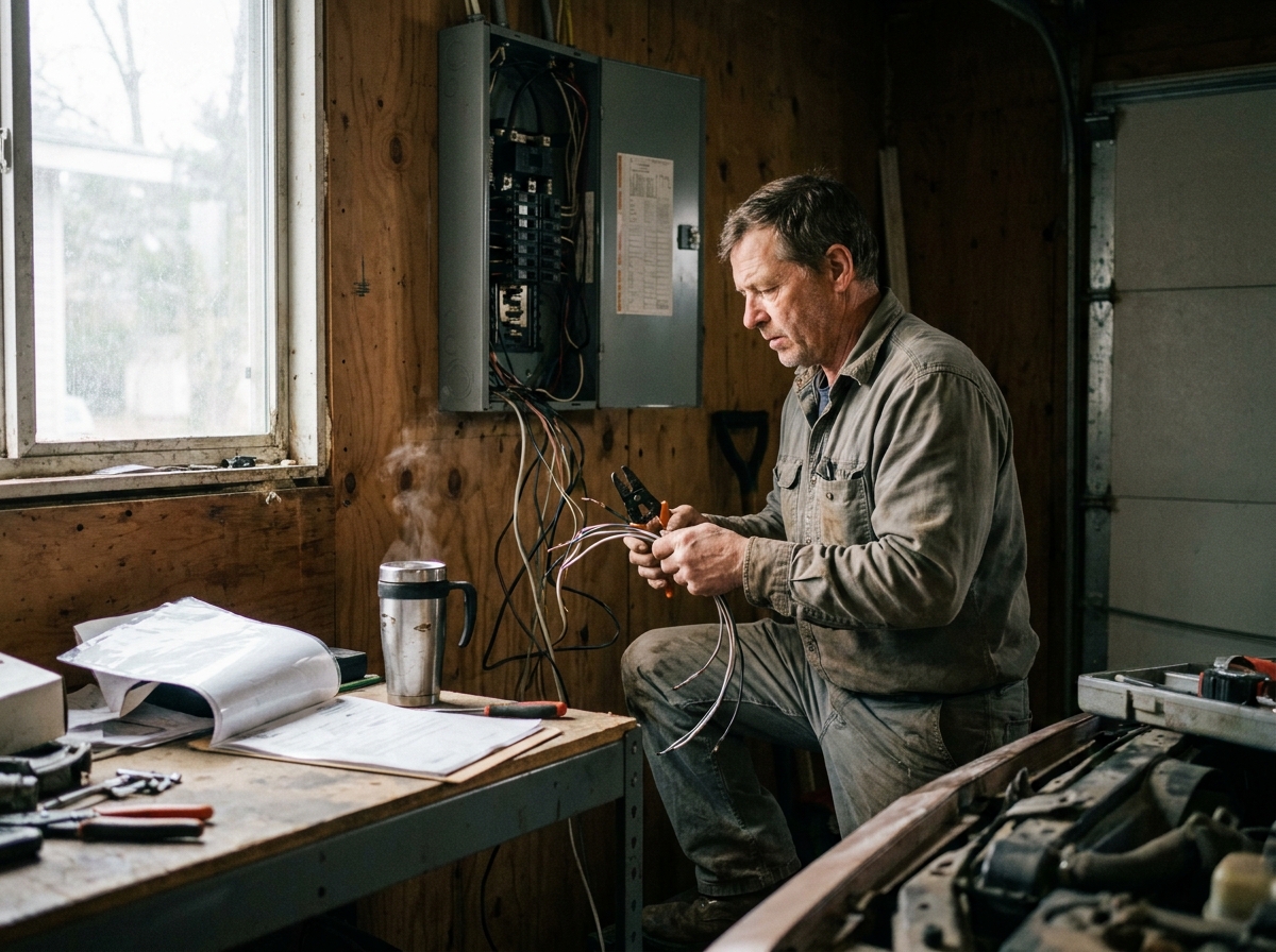 An electrician planning the day from a worn van dashboard with route sheets and job notes visible