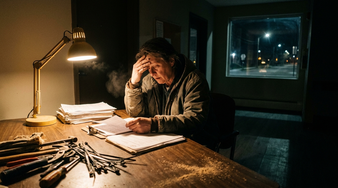 Maintenance coordinator reviewing work orders in an apartment lobby after hours